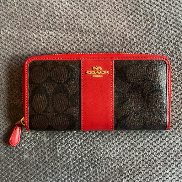 Coach Signature Leather Continental Wallet in Brown/Black and Red - Picture 2 of 5